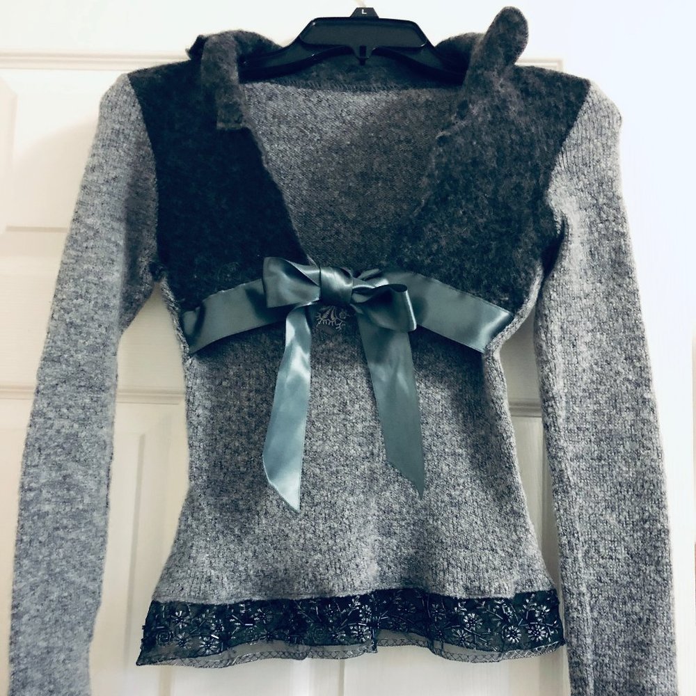 European Wool Sweater Top with Ribbon, XXS/XS